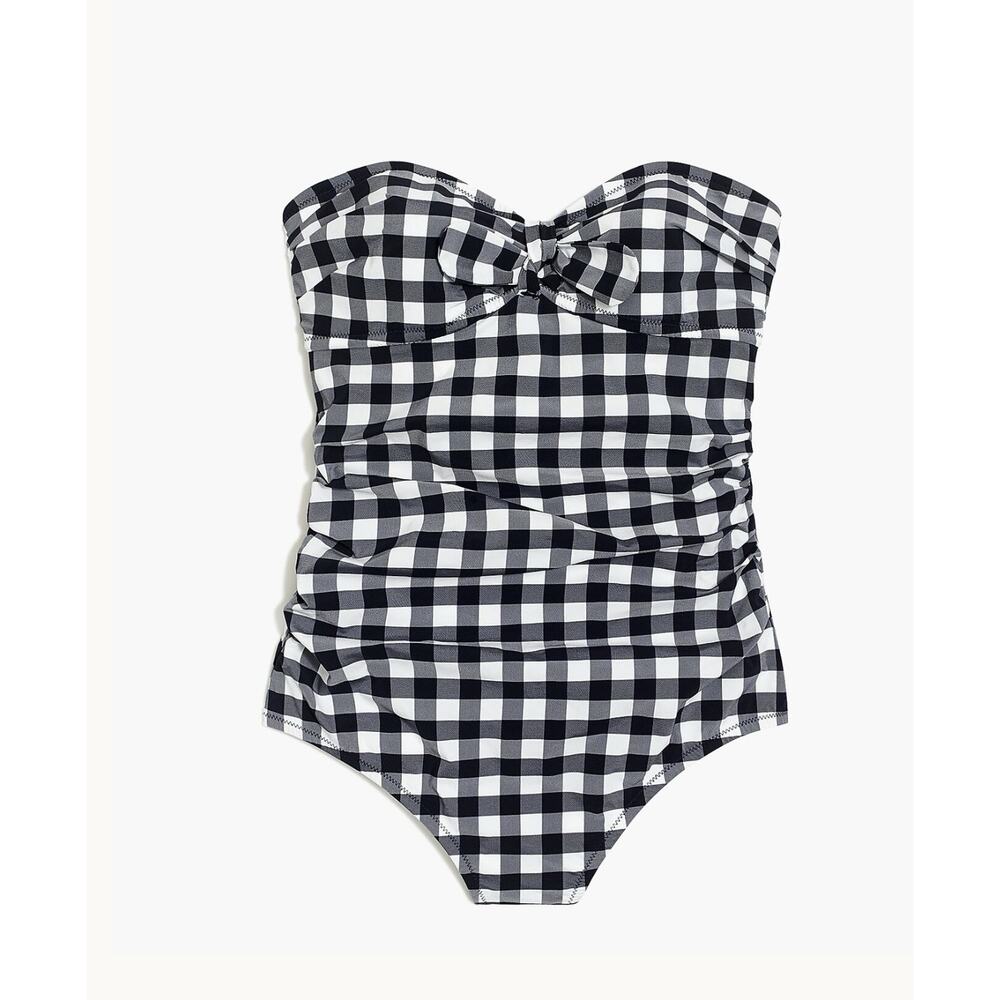 J. Crew Tie-front bandeau one-piece swimsuit Gingham Black White M Ruched NEW - Picture 2 of 5